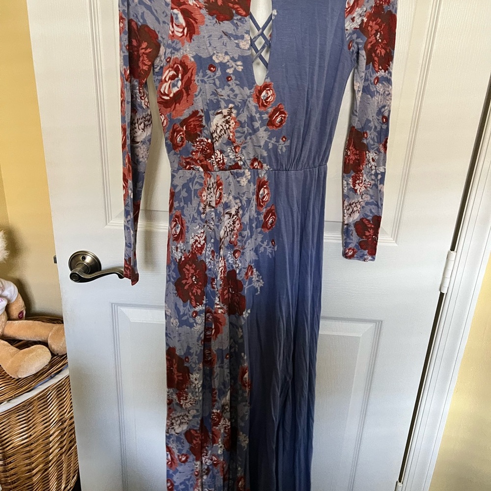 Free People Red and Blue Floral Long Sleeve Dress